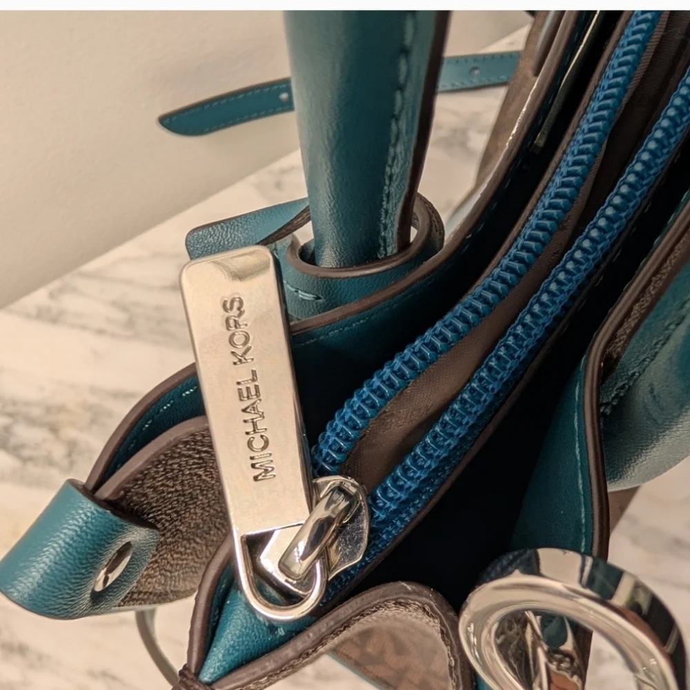 Michael Kors Brown Satchel with Teal and Light Blue Trim